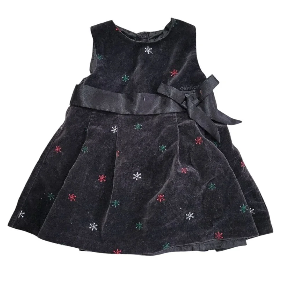 Oshkosh Vintage Black Velvet Embroidered Snowflake Dress Size 24 Months